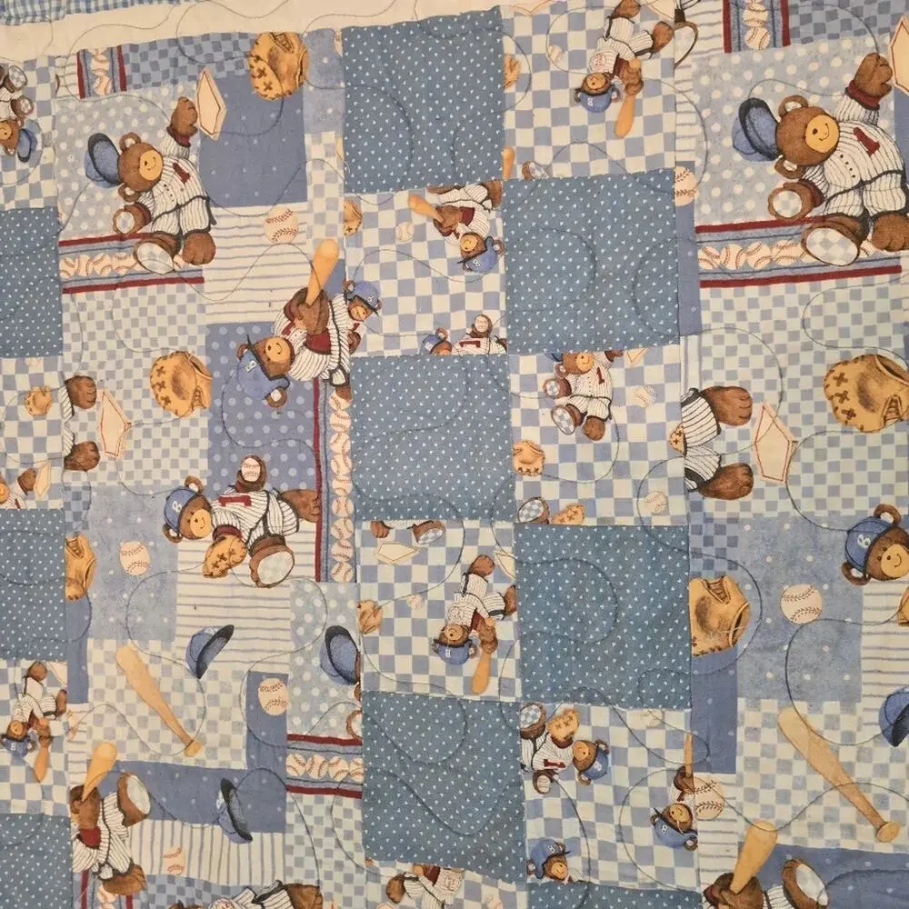 Friendship batter up vintage quilt boys bear blue 48x65 A18